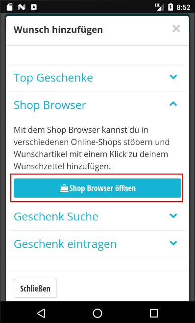 Wishbob App - Shop Browser - Schritt 1